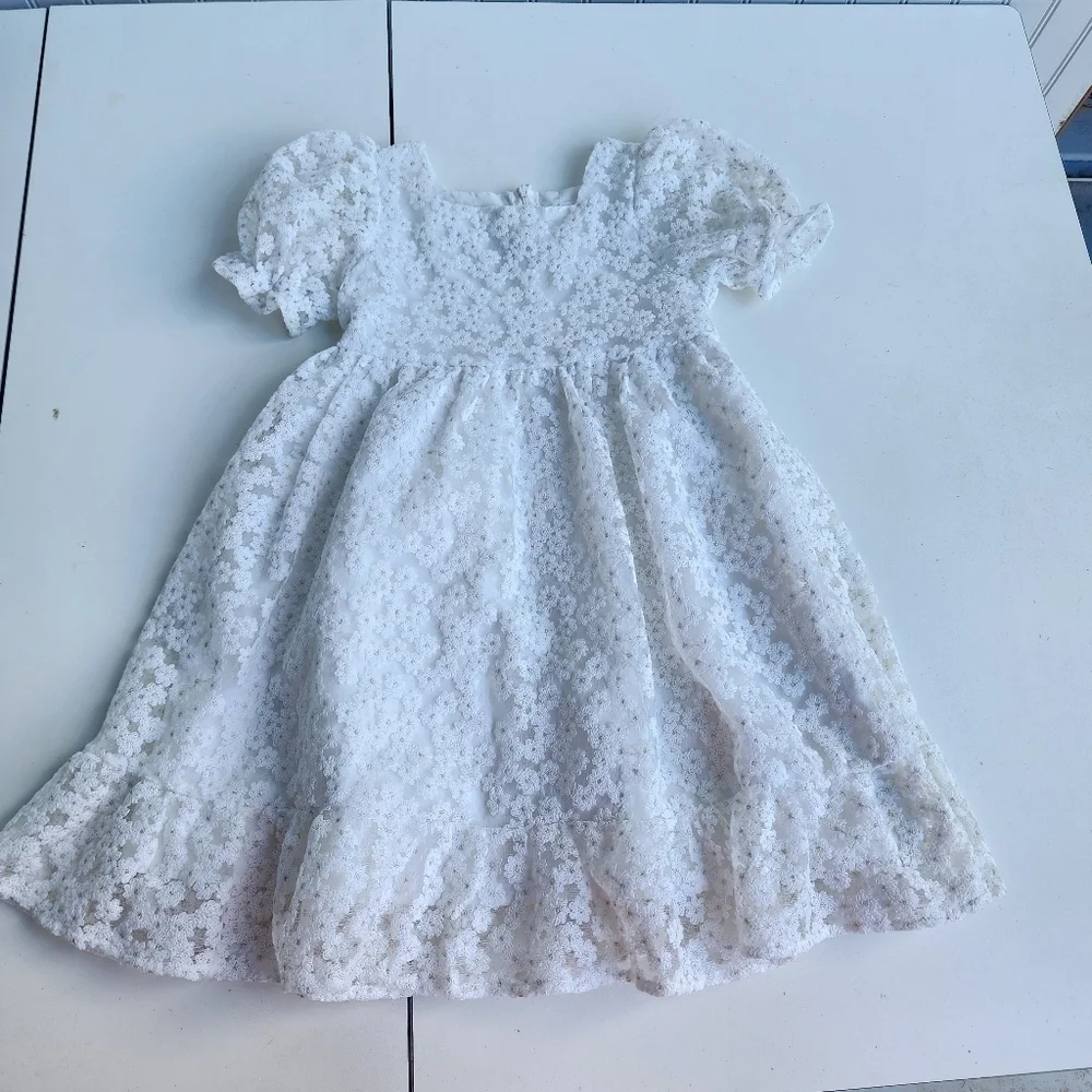 Shein Kids White Gold Floral Party Dress Short Sleeve Wedding Lace Sz 6Y